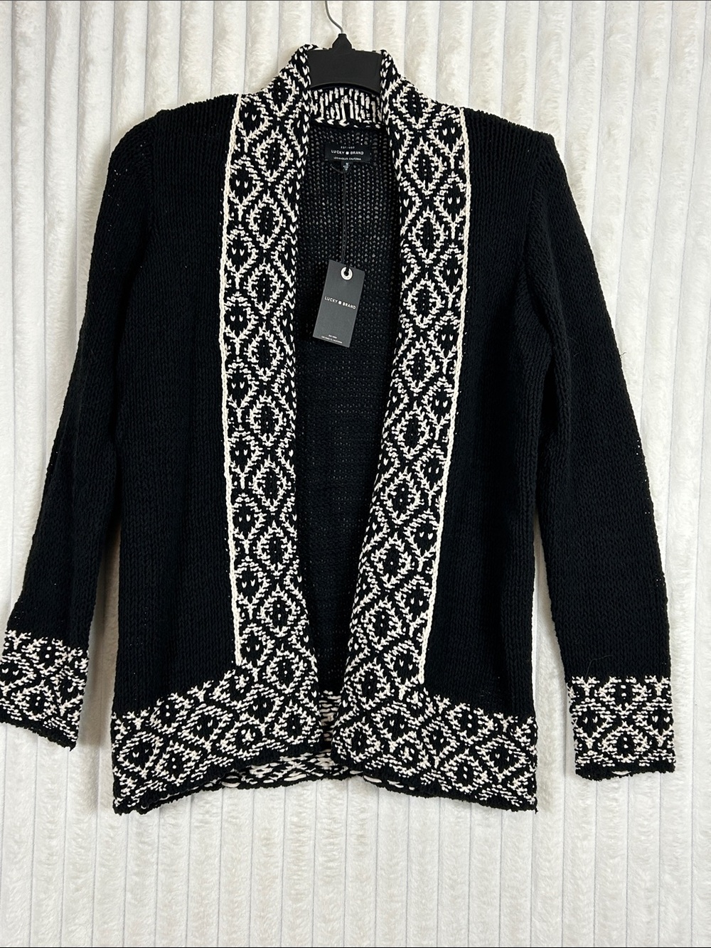 Lucky Brand Black Cardigan with White Geometric Trim M